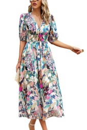 Boho Flower Dress: Short Sleeve Neck Long Summer Chic