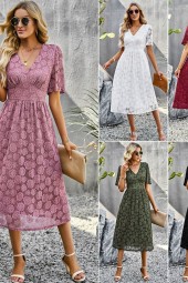 Boho Floral Lace Summer Vneck Pleated Dress