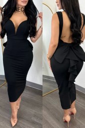 Elegant Thick Straps Deep Neck Bow Decoration Backless Midi Formal Dress