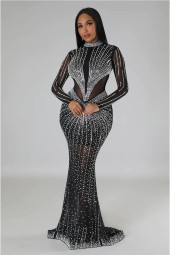 Rhinestones Mesh Patchwork Sheer See Though Long Sleeve Midi Bodycon Maxi Dress Birthday