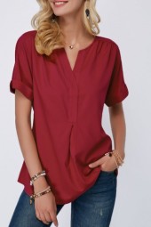 Elegant Wine Red Split Neck Short Sleeve Blouse