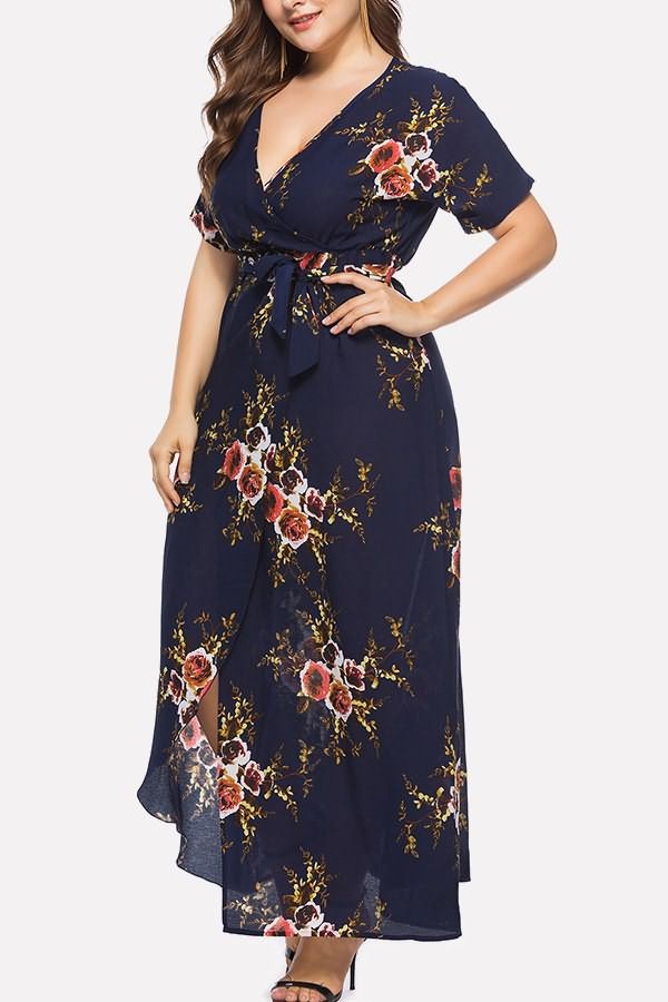 Elegant Dark Blue Floral V-Neck Wrap Slit Short Sleeve Dress - Perfect ...