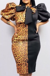 Vintage Leopard-Print Color Block Bowtie Collar  Autumn Plus Size Midi Dress