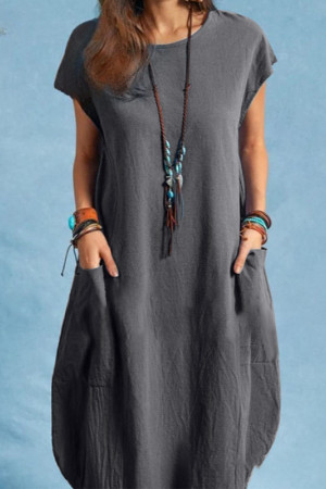 Loose Cotton Short Sleeve Ruffle Knee Length Dress