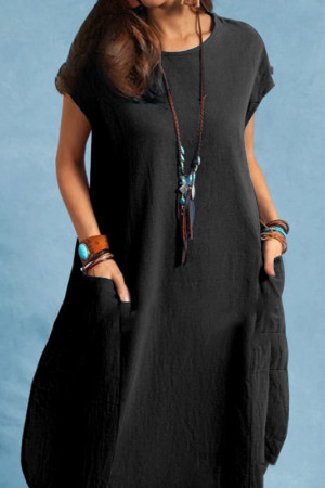 Loose Cotton Short Sleeve Ruffle Knee Length Dress