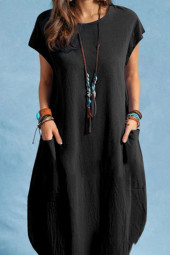 Loose Cotton Short Sleeve Ruffle Knee Length Dress