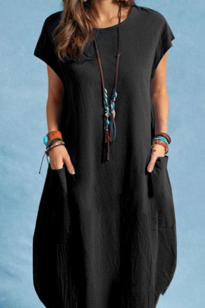 Loose Cotton Short Sleeve Ruffle Knee Length Dress