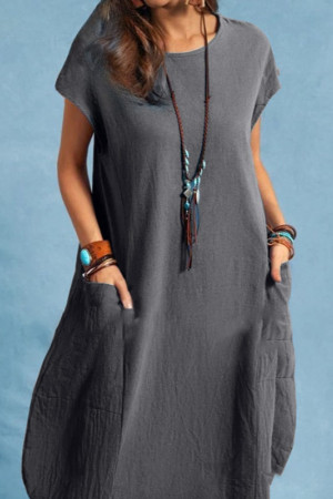 Loose Cotton Short Sleeve Ruffle Knee Length Dress