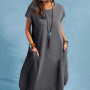 Loose Cotton Short Sleeve Ruffle Knee Length Dress