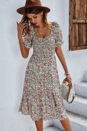 Bohemian Summer Bliss: Midi Puff Sleeve High Waist Boho Split Dress