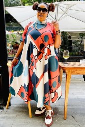 Plus Size Geometric Pattern Big Swing Mid-Calf Length Dress: Classic Turtleneck, Short Sleeve, Loose Fit Oversized Robe