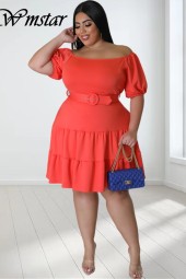 Plus Size Off-Shoulder Elegant Midi Dress with Belt - Perfect for Summer