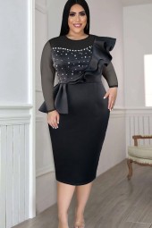 Midcalf Sheath Gauze Patchwork Beading Dress for Wedding Guests
