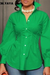 Vintage Green White Long Sleeve Double Breasted Corset Tunic Blouse