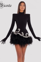 VC Chic Elegant Long Sleeve with Gloves Crystal Design Velvet Dress
