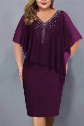 Plus Size Summer Chiffon Diamond Solid Vneck Short Sleeve Pencil Elegant Commuter Fit Dress