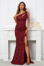 One Shoulder Slash Neck Sequin Slit Long Prom Evening Maxi Dress