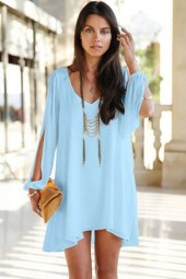 Pretty Light Blue V Neck Chiffon Shift Dress