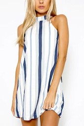 Women's Blue Stripe Halter Tied A-Line Casual Dress