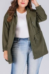 Army-Green Plus Size Jacket with Zipper Drawstring Hood