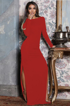 Backless High Side Split Long Sleeve Bodycon Maxi Dress