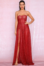 Glitter Strapless Tube Split Maxi Dress