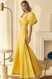 Gorgeous Mustard Yellow Two-Piece Evening Outfit with Bubble Sleeves