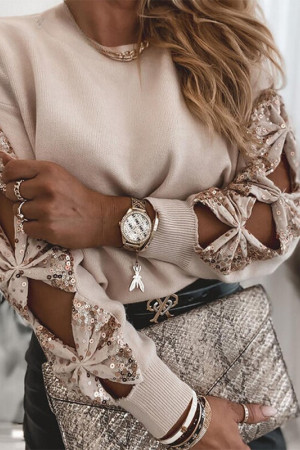 Sequin Patchwork Knit Crew Neck Long Sleeve Blouse