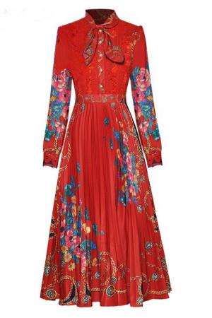 Bow Collar Floral Lace Pleated A-Line Maxi Dress