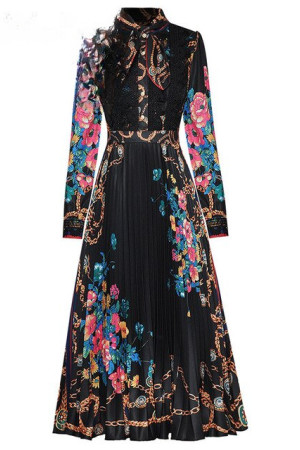 Bow Collar Floral Lace Pleated A-Line Maxi Dress