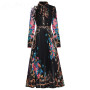 Bow Collar Floral Lace Pleated A-Line Maxi Dress