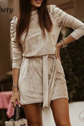 Velvet Turtleneck Puff Sleeve Bodycon Mini Dress