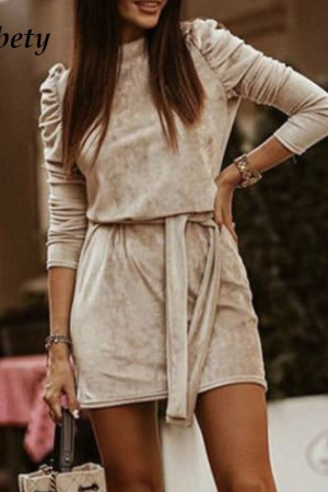 Velvet Turtleneck Puff Sleeve Bodycon Mini Dress