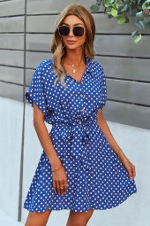 Summer Polka Dot Slim Bandage Dress - Casual Short Sleeve Turn Down Collar Button Up