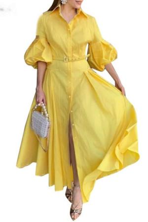 Puff Sleeve Lapel Collar Button Maxi Shirt Dress