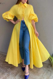 Puff Sleeve Lapel Collar Button Maxi Shirt Dress