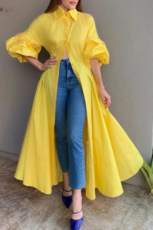 Puff Sleeve Lapel Collar Button Maxi Shirt Dress