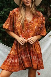 Vibrant Orange Floral Bohemian Mini Dress with Tasseled Lantern Sleeves