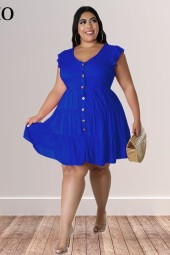 Elegant Plus Size Ruffle Sleeve Pleated Mini Dress - Solid Color for Summer