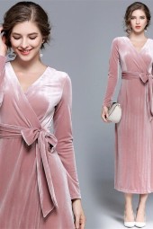 Romantic Rose: Spring Autunm Evening Velour Winter Pink Velvet Long Dress With Sashes