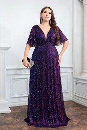 Glamorous Plus Size Bridesmaid Dress - Plunging Neckline, Butterfly Sleeves, and Glitter Accents