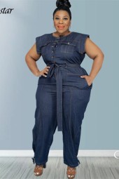 Women's Plus Size Denim Jumpsuit with Lace-Up Sleeves, Pockets, and Stretch Bodysuit