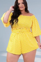 Plus Size Two Piece Set: Off Shoulder Dot Top & Sweet Short Suit for Summer