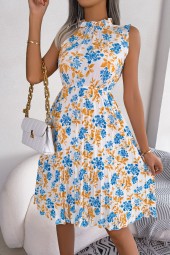 Floral Pleated Knee Length Dress - Casual Summer Ruffles Sleeveless