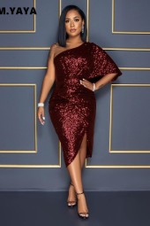 Sequined Batwing Sleeve One Shoulder Midi Pencil Dress with Draping
