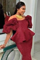 Burgundy Lace Off Shoulder Empire Peplum Midi Evening Dress