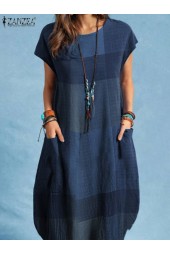 Vintage Check Summer Sundress: Casual Short Sleeve Neck Plaid Robe