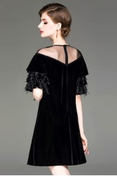 Autumnal Elegance: Beaded Mesh Round Neck Velvet Dress with Ostrich Feather Lotus Leaf Sleeves