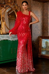 Red Wedding Evening Prom Dress with One Shoulder and Lantern Sleeve