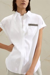 Pocket Bead Chain Blouse: Black/White Summer Turndown Sleeve Shirt